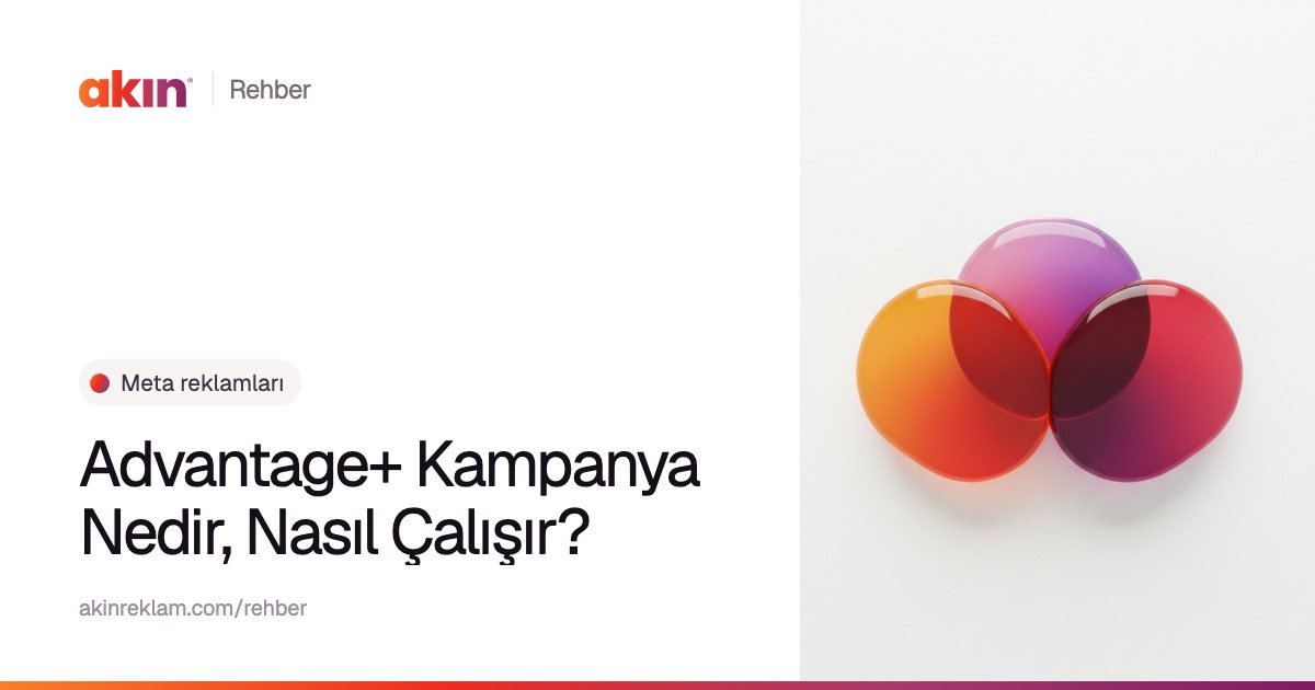 “Advantage+ Kampanya Nedir, Nasıl Çalışır?” başlıklı Akın Reklam rehber kapağı; yanında turuncu ve mor tonlarda üst üste binen üç yarı saydam daire.