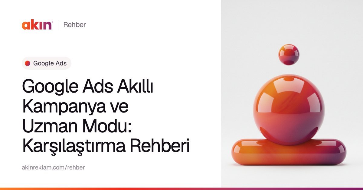 “Google Ads Akıllı Kampanya ve Uzman Modu: Karşılaştırma Rehberi” başlıklı Akın Reklam rehber kapağı; yanında turuncu ve mor tonlarda yatay bir kapsülün üzerinde duran parlak bir küre.