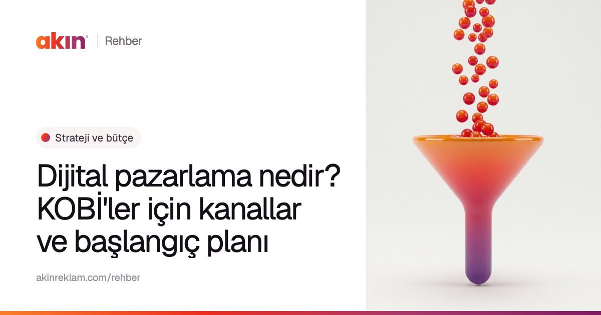“Dijital pazarlama nedir? KOBİ'ler için kanallar ve başlangıç planı” başlıklı Akın Reklam rehber kapağı; yanında turuncu ve mor tonlarda bir huniye dökülen küçük küreler.