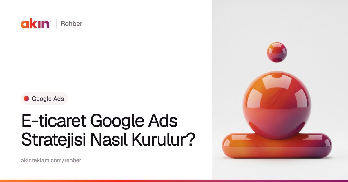 “E-ticaret Google Ads Stratejisi Nasıl Kurulur?” başlıklı Akın Reklam rehber kapağı; yanında turuncu ve mor tonlarda yatay bir kapsülün üzerinde duran parlak bir küre.