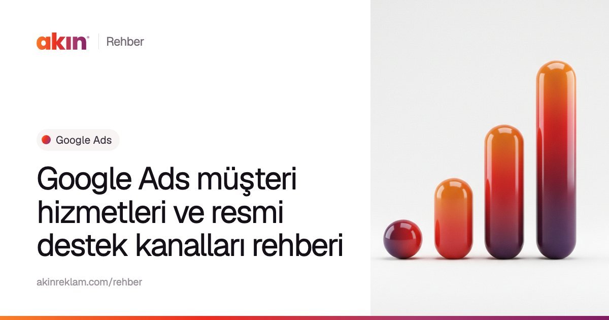 “Google Ads müşteri hizmetleri ve resmi destek kanalları rehberi” başlıklı Akın Reklam rehber kapağı; yanında turuncu ve mor tonlarda yükselen bir grafik gibi dizilmiş kapsül çubuklar.