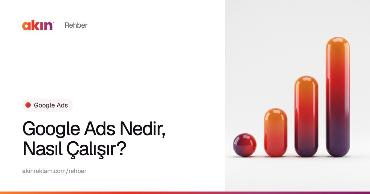 “Google Ads Nedir, Nasıl Çalışır?” başlıklı Akın Reklam rehber kapağı; yanında turuncu ve mor tonlarda yükselen bir grafik gibi dizilmiş kapsül çubuklar.