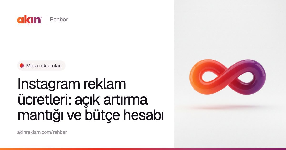 “Instagram reklam ücretleri: açık artırma mantığı ve bütçe hesabı” başlıklı Akın Reklam rehber kapağı; yanında turuncu ve mor tonlarda sonsuzluk işaretini andıran bir şerit.