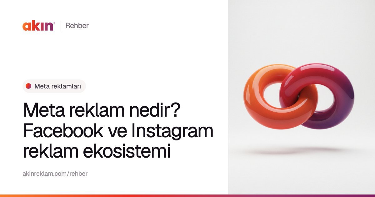 “Meta reklam nedir? Facebook ve Instagram reklam ekosistemi” başlıklı Akın Reklam rehber kapağı; yanında turuncu ve mor tonlarda iç içe geçmiş iki halka.
