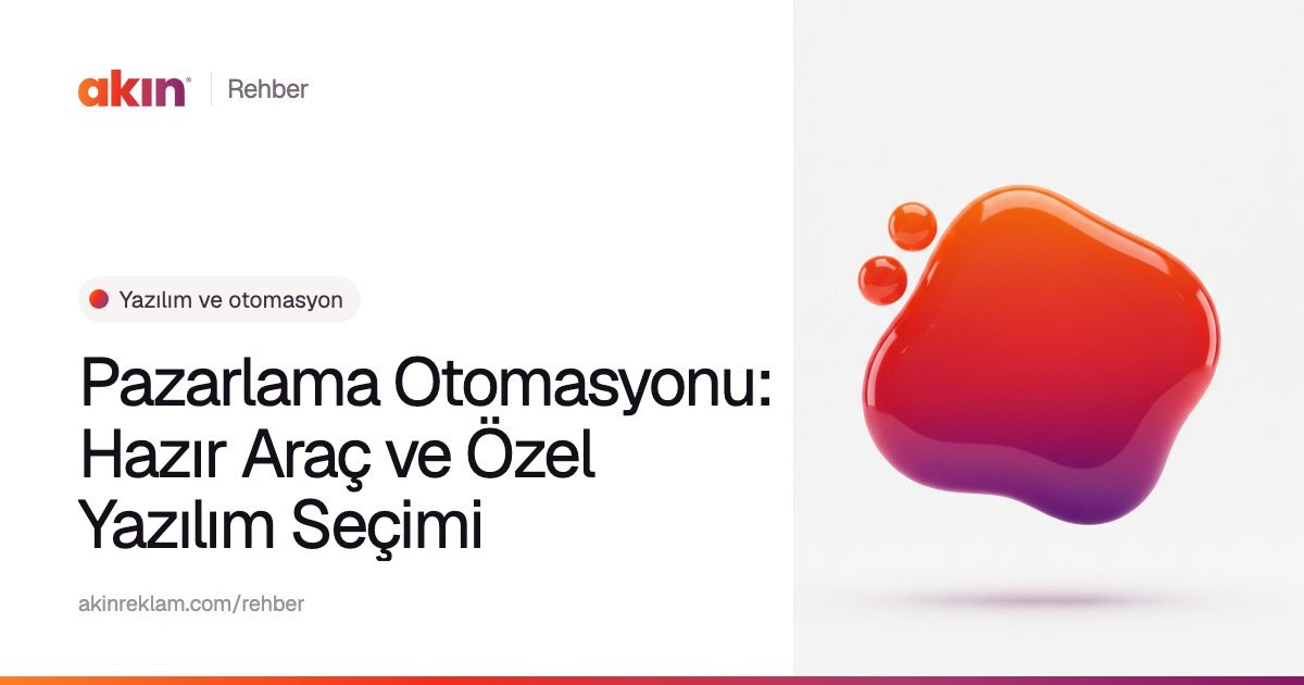 “Pazarlama Otomasyonu: Hazır Araç ve Özel Yazılım Seçimi” başlıklı Akın Reklam rehber kapağı; yanında turuncu ve mor tonlarda konuşma balonunu andıran bir şekil ve küçük küreler.