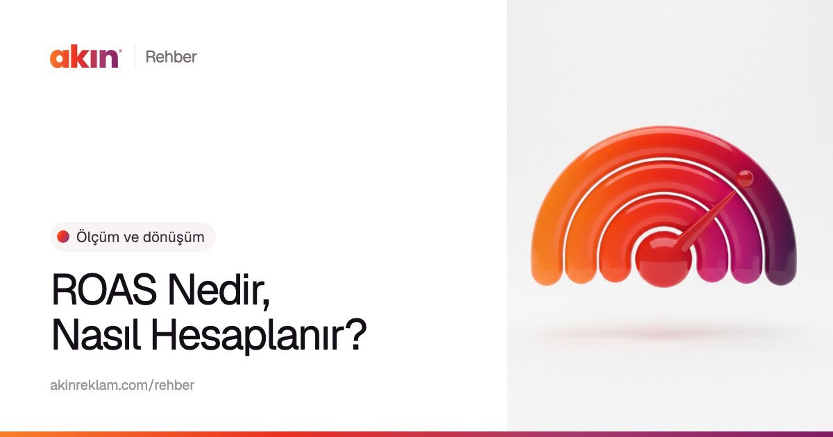 “ROAS Nedir, Nasıl Hesaplanır?” başlıklı Akın Reklam rehber kapağı; yanında turuncu ve mor tonlarda ibreli bir gösterge gibi iç içe yaylar.