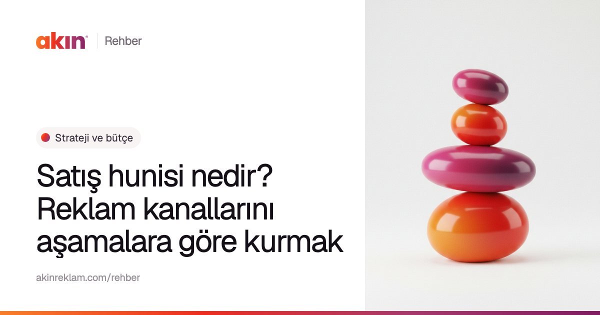 “Satış hunisi nedir? Reklam kanallarını aşamalara göre kurmak” başlıklı Akın Reklam rehber kapağı; yanında turuncu ve mor tonlarda üst üste dengelenmiş yuvarlak taşlar.