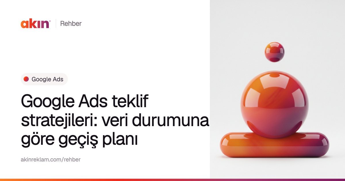 “Google Ads teklif stratejileri: veri durumuna göre geçiş planı” başlıklı Akın Reklam rehber kapağı; yanında turuncu ve mor tonlarda yatay bir kapsülün üzerinde duran parlak bir küre.