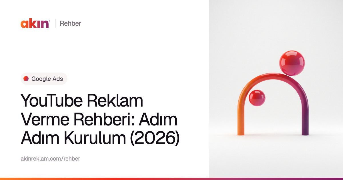 “YouTube Reklam Verme Rehberi: Adım Adım Kurulum (2026)” başlıklı Akın Reklam rehber kapağı; yanında turuncu ve mor tonlarda kemer biçiminde bir boru ile iki küre.